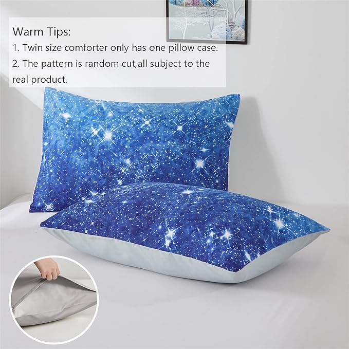 Blue Glitter Comforter Set Twin Size for Boys Girls, Sparkle Galaxy Twinkle Starlight Comforter for Kids Teen, 2 Piece Aqua Blue Navy Ombre Bedding Set with 1 Pillow Case(Blue,Twin) - LeafyLoom