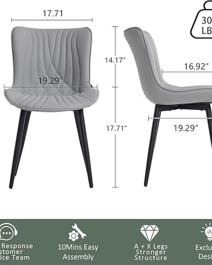 YOUTASTE Grey Dining Chairs Set of 2 Faux Leather Upholstered Kitchen Dining Room Chairs Mid Century Modern Metal Legs Chairs High Back for Kitchen Restaurant Living Room Bedrooms - LeafyLoom