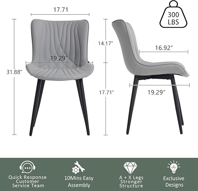 YOUTASTE Grey Dining Chairs Set of 2 Faux Leather Upholstered Kitchen Dining Room Chairs Mid Century Modern Metal Legs Chairs High Back for Kitchen Restaurant Living Room Bedrooms - LeafyLoom