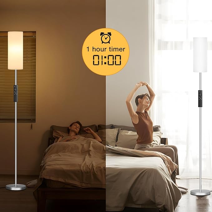 Ambimall 64'' Floor Lamps for Living Room with Remote Control and Stepless Dimmable Colors Temperature & Brightness, 9W Bulb Included(White Lampshade & Silver Pole) - LeafyLoom