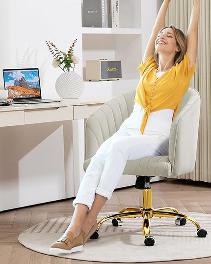 Velvet Office Desk Chair, Modern Home Office Chair with Swivel Gold Base, Comfy Vanity Desk Chair with Upholstered Back, Height Adjustable Computer Desk Chair for Home Office Bedroom Study, Ivory - LeafyLoom