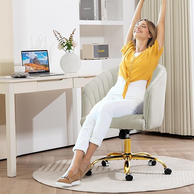 Velvet Office Desk Chair, Modern Home Office Chair with Swivel Gold Base, Comfy Vanity Desk Chair with Upholstered Back, Height Adjustable Computer Desk Chair for Home Office Bedroom Study, Ivory - LeafyLoom