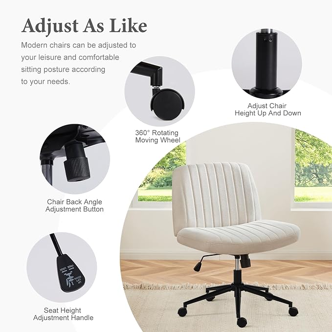 Sweetcrispy Criss Cross Chair Legged, Armless Office Desk Chair with Wheels, Swivel Vanity Chair, Height Adjustable Wide Seat Computer Task Chair, Fabric Vanity Modern Home Chair White - LeafyLoom