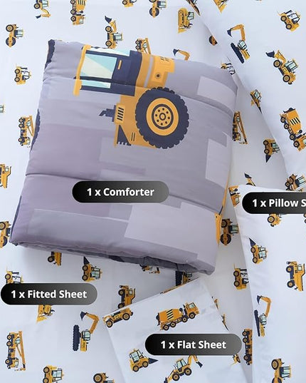 Full Size Comforter Set for Boys, 4-Piece Bed in a Bag, 3D Construction Bedding Comforter Sheet Set, Ultra Soft and Fluffy, Cartoon Truck Cars - LeafyLoom