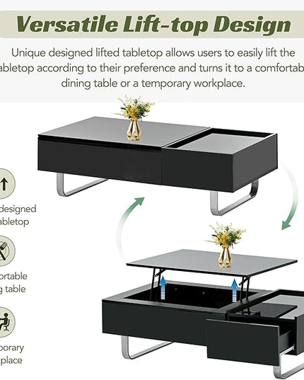 Lift Top Coffee Table, 45 Inch Contemporary Center Table with Drawer and Metal Frame Legs, High-Gloss Surface Coffee Tables for Living Room, Black - LeafyLoom