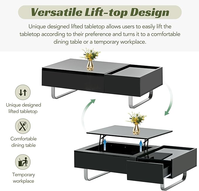 Lift Top Coffee Table, 45 Inch Contemporary Center Table with Drawer and Metal Frame Legs, High-Gloss Surface Coffee Tables for Living Room, Black - LeafyLoom