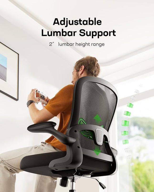 Marsail Office Chair Ergonomic-Desk Chair: Mesh Back Home Office Chair with Adjustable Lumbar Support, Computer Desk Chair with Flip-up Armrests Swivel Home Office Task Chair(Bright Black) - LeafyLoom