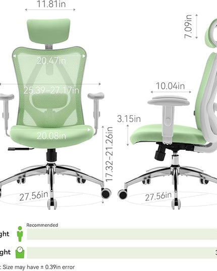 SIHOO M18 Ergonomic Office Chair, Computer Desk Chair with Adjustable Headrest and Lumbar Support, High Back Executive Swivel Chair for Home Office (Light Green) - LeafyLoom