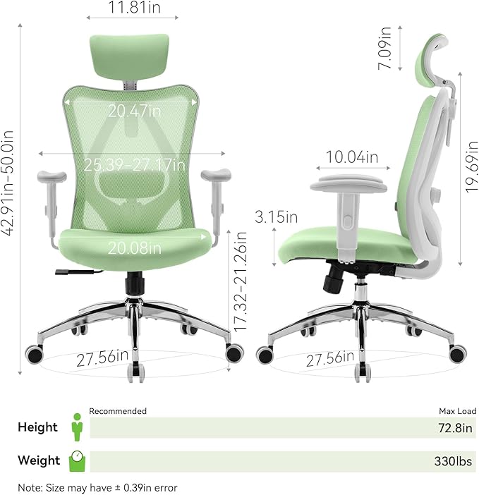 SIHOO M18 Ergonomic Office Chair, Computer Desk Chair with Adjustable Headrest and Lumbar Support, High Back Executive Swivel Chair for Home Office (Light Green) - LeafyLoom