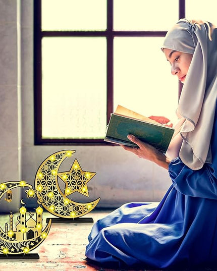 2 Pcs Ramadan Eid Mubarak Crafts Night Light 3D Wooden Moon Star Lights Ramadan Decorations LED Eid Mubarak Lamp Decor Ramadan Table Sign for Tabletop Home Party Supplies(Black and Gold) - LeafyLoom