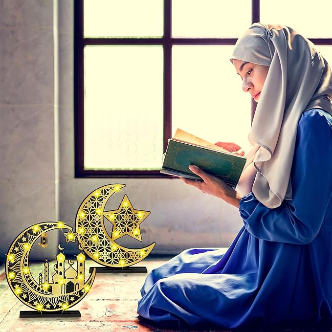2 Pcs Ramadan Eid Mubarak Crafts Night Light 3D Wooden Moon Star Lights Ramadan Decorations LED Eid Mubarak Lamp Decor Ramadan Table Sign for Tabletop Home Party Supplies(Black and Gold) - LeafyLoom