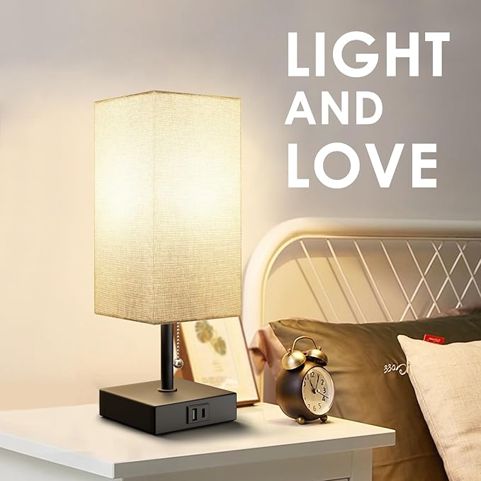 Table Lamp for Bedroom with USB A Port and C Port, Grey Bedside Lamp Night Stand Light Lamp with Square Fabric Shade, Small Lamp for Boys, with LED Bulb - LeafyLoom