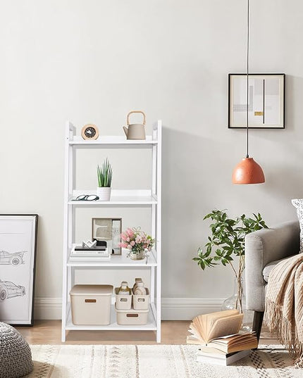 ECOMEX 4-Tier Ladder Shelf, Solid Pine Frame, 20 lbs Capacity per Partition, Modern Style, Home Office, Bedroom (White) - LeafyLoom