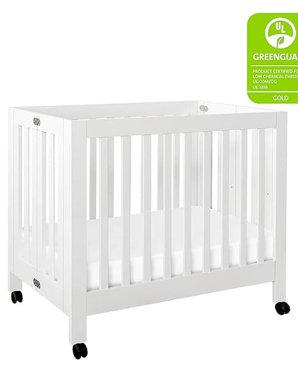 Babyletto Origami Mini Portable Crib Folding with Wheels in White, 2 Adjustable Mattress Positions, Greenguard Gold Certified - LeafyLoom