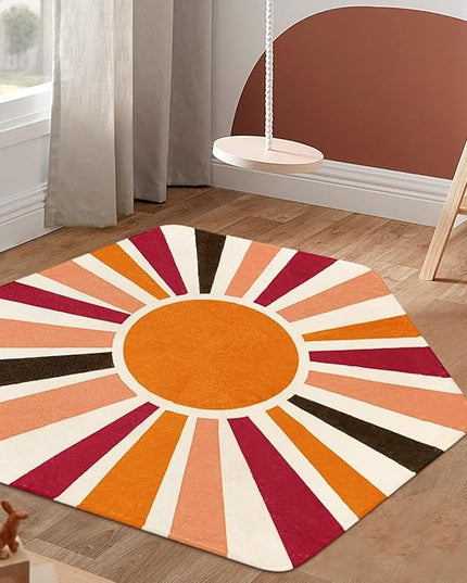 Washable Rainbow Rug for Kids Room Playroom, 4'x 4'7" Boho Sun Kids Rug for Girls Boys, Non-Slip Orange Carpet Small Play Rug for Tent Reading Corner Dorm Entryway - LeafyLoom