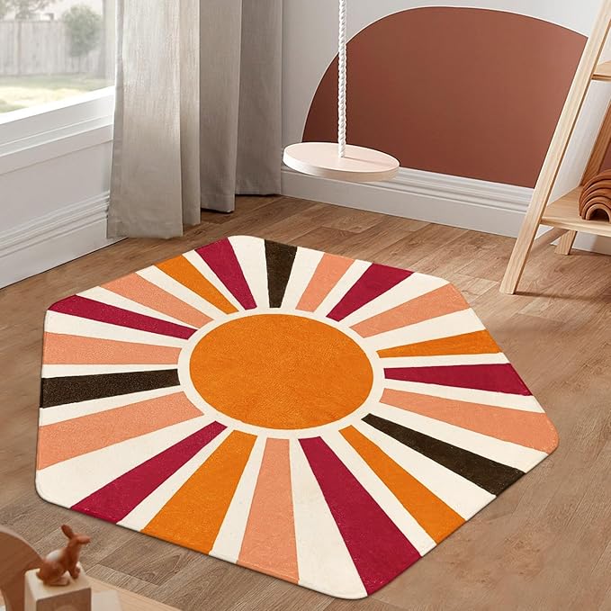 Washable Rainbow Rug for Kids Room Playroom, 4'x 4'7" Boho Sun Kids Rug for Girls Boys, Non-Slip Orange Carpet Small Play Rug for Tent Reading Corner Dorm Entryway - LeafyLoom