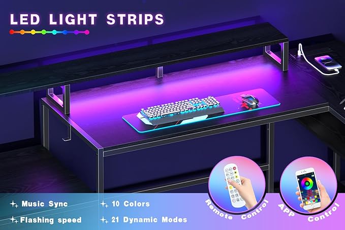 L Shaped Gaming Desk with File Drawes,Computer Desk with Led Lights & Power Outlets, Reversible Office Desk with Shelves Black - LeafyLoom