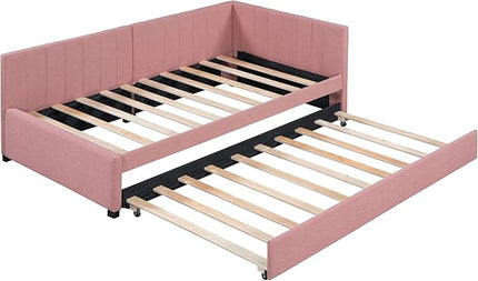 Merax Twin Size Daybed with Trundle, Linen Upholstered Sofa Bed, Solid Wood Slats Support, No Box Spring Needed, Wooden Day Bed Frame for Living Room, Apartment, Small Spaces, Pink - LeafyLoom