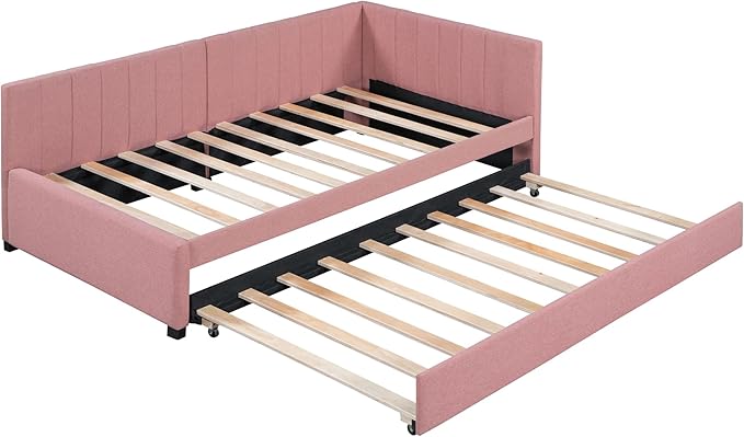 Merax Twin Size Daybed with Trundle, Linen Upholstered Sofa Bed, Solid Wood Slats Support, No Box Spring Needed, Wooden Day Bed Frame for Living Room, Apartment, Small Spaces, Pink - LeafyLoom