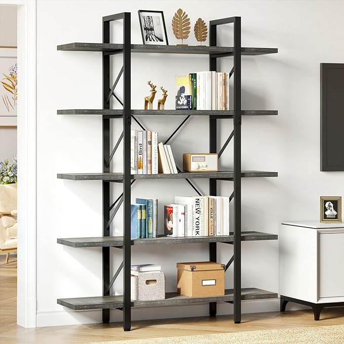 YITAHOME 5 Tier Bookshelf, 70.9" Tall Industrial Bookcase, Wide Open Display Storage Book Shelf for Living Room/Bedroom/Home/Office, Charcoal Gray - LeafyLoom