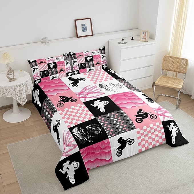 Motocross Comforter Set, Dirt Bike Bedding Sets & Collections Full, Motorcycle Rider Down Comforter For Kids Boys Girls, Motorbike Extreme Sport Game Comforter Set, Buffalo Plaid, Pink Grey Black - LeafyLoom