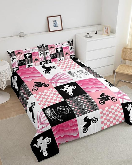 Motocross Comforter Set, Dirt Bike Bedding Sets & Collections Queen, Motorcycle Rider Down Comforter For Kids Boys Girls, Motorbike Extreme Sport Game Comforter Set, Buffalo Plaid, Pink Grey Black - LeafyLoom