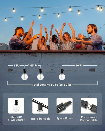 XMCOSY+ Outdoor String Lights 50Ft Dimmable G40 Globe Patio Lights with 25+2 Shatterproof LED Bulbs, Hanging Waterproof Outdoor Lights for Patio, Porch, Yard, Bistro, Café, Outside XMcosy