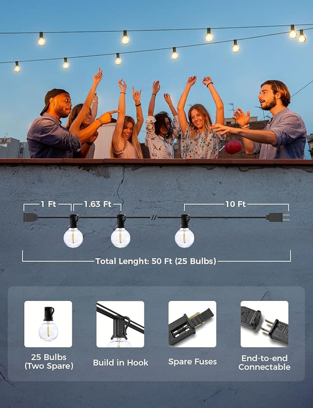 XMCOSY+ Outdoor String Lights 50Ft Dimmable G40 Globe Patio Lights with 25+2 Shatterproof LED Bulbs, Hanging Waterproof Outdoor Lights for Patio, Porch, Yard, Bistro, Café, Outside XMcosy