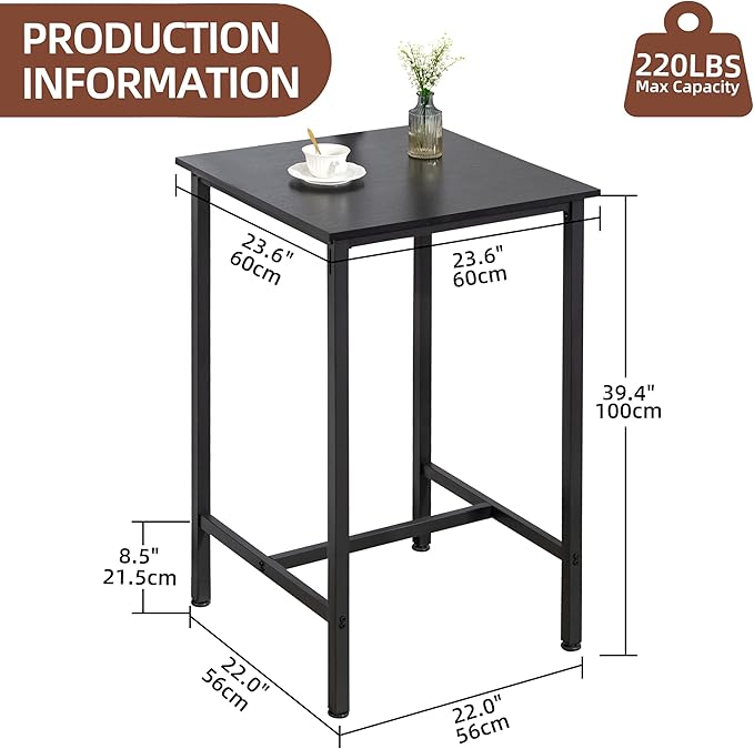 Finnhomy Bar Table, 23.6" Pub Table High Top Table, Square Bar Height Table, Counter Height Cocktail Table, Small Kitchen Table Set for 2, Breakfast for Kitchen, Living Room, Rustic Black - LeafyLoom