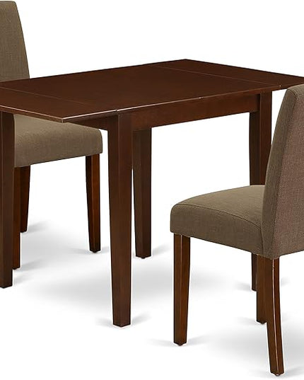East West Furniture 1NDAB3-MAH-18 3 Piece Kitchen Set Contains a Rectangle Room Table with Dropleaf and 2 Coffee Linen Fabric Parson Dining Chairs, 30x48 Inch - LeafyLoom