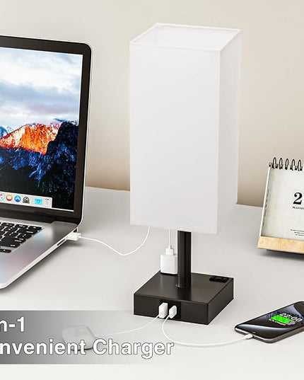 Touch Bedside Table Lamp For Nightstand - 3-Way Dimmable Night Lamp with USB A + Type C Charging Ports and two AC Outlets, Small Desk Light with E26 LED Bulb for Bedroom Living Room ,WHITE BLACK - LeafyLoom