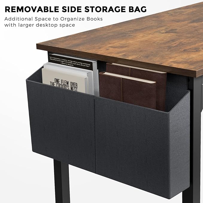 JHK Computer Desk Office 48 Inch Writing Work Kids Study Simple Wooden Table for Home Bedroom Modern Style with Headphone Hooks & Storage Bag, Rustic Brown - LeafyLoom