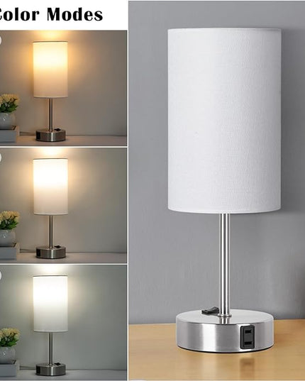 ZJOJO Bedside Lamps with AC Port, Table Lamp for Bedroom 3 Way Dimmable Nightstand Lamp Set of 2 with Round Flaxen Fabric Shade for Living Room, Dorm, Home Office - LeafyLoom