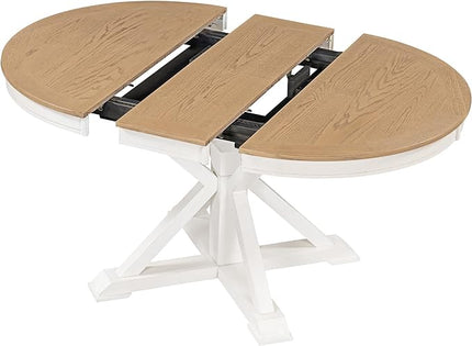 Small Dining Table Set for 4-6, Modern Round Extendable Table and Upholstered Chairs, X-Shaped Cross Base, Button Tufting Backrest, Retro Style Home Furniture for Small Spaces, Living Room - LeafyLoom