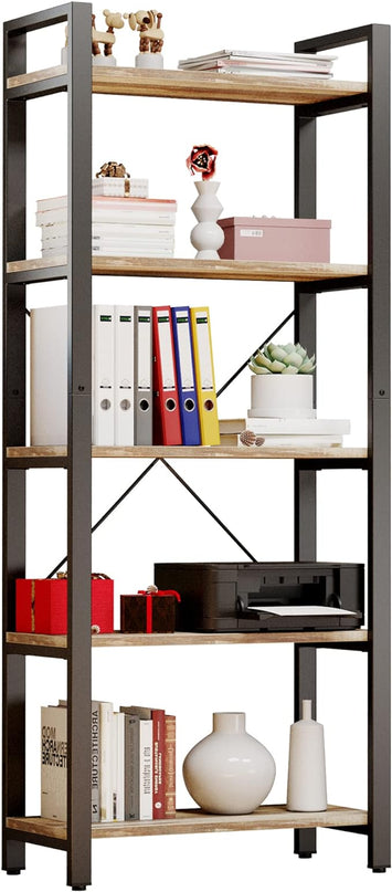 IRONCK Bookshelf 5-Tier Ladder Shelf 110lbs/shelf Vintage Industrial Style Bookcase for Home Decor, Office Decor - LeafyLoom