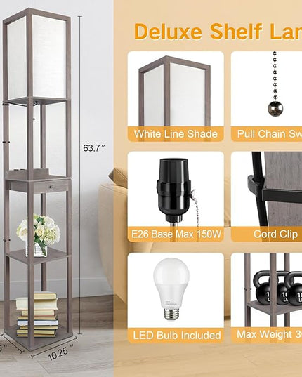 OUTON Deluxe Shelf Floor Lamp with 1 Drawer, 2 USB-C Ports, 2 AC Outlets, LED Modern Floor Lamp with 3 Color Temperature, Storage Display Wood Standing Lamp for Living Room, Bedroom, Office (Grey) - LeafyLoom