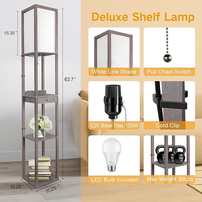 OUTON Deluxe Shelf Floor Lamp with 1 Drawer, 2 USB-C Ports, 2 AC Outlets, LED Modern Floor Lamp with 3 Color Temperature, Storage Display Wood Standing Lamp for Living Room, Bedroom, Office (Grey) - LeafyLoom