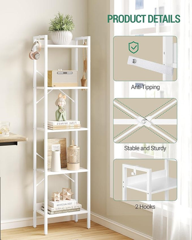 Bookshelf, Book Shelf, Industrial Bookcase with 2 Hooks, Coner Shelf Storage Organizer for Home Office, Living Room, Bedroom, Kitchen, 5-Tier White BC10513W - LeafyLoom