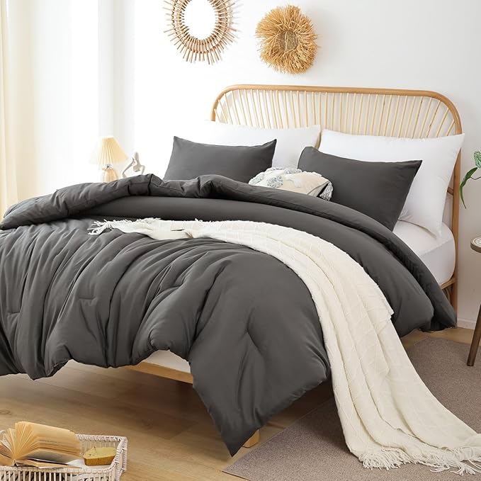 ROSGONIA Oversized King Comforter Charcoal Gray, 3pcs (1 Grey Comforter & 2 Pillowcases), Soft Lightweight Oversized King Size Comforter Sets Bedding - LeafyLoom