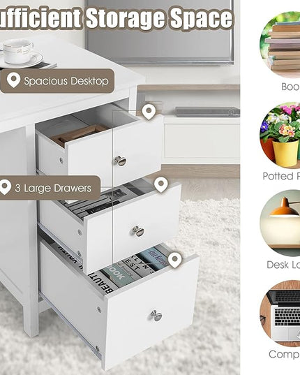3-Drawer Computer Desk, White - LeafyLoom