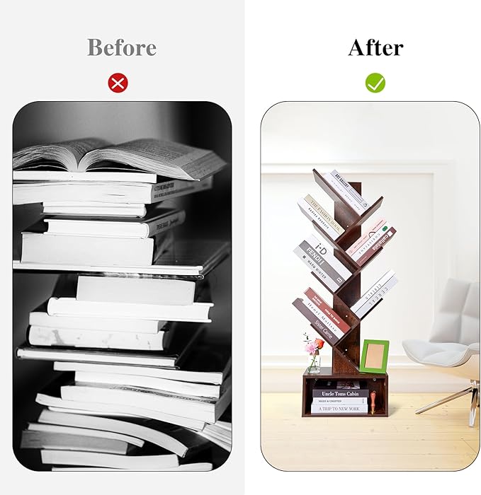 Tree Bookshelf 6 layers with drawers Retro Book Holder Rustic Brown Wooden Floor Standing Bookshelf for Living Room,Bedroom,Home Office Modern Bookcase - LeafyLoom