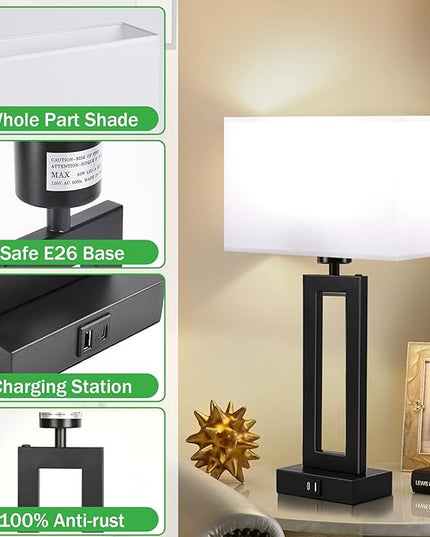 Lamps for Bedrooms Set of 2 Touch Control Table Lamp with USB C+A Charging Ports, 3 Way Dimmable Bedside Nightstand Lamps Modern Living Room Lamps for End Tables Night Stand Lamps, White&Black - LeafyLoom