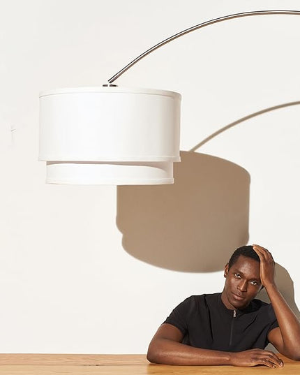 Brightech Mason Arc Floor Lamp - Modern Corner Standing Lamp with Unique Hanging Drum Lamp Shade for Living Room - Bright Overhead, Curved Hanging Light for Bedroom. Library, Den - Bronze - LeafyLoom