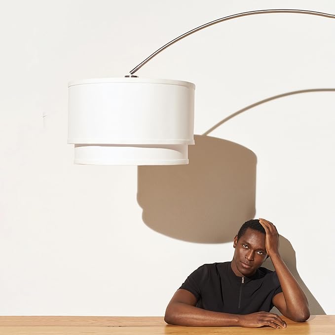 Brightech Mason Arc Floor Lamp - Modern Corner Standing Lamp with Unique Hanging Drum Lamp Shade for Living Room - Bright Overhead, Curved Hanging Light for Bedroom. Library, Den - Bronze - LeafyLoom