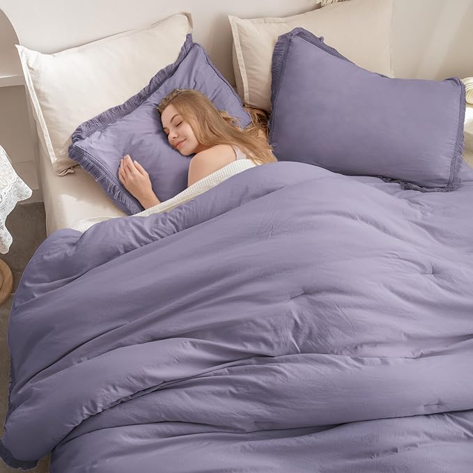 Andency Grayish Lavender Purple Comforter Set Queen, Boho Tassel Lightweight Bedding Comforter Sets, 3 Pieces All Season Soft Fluffy Fringe Bed Set (90x90In Comforter & 2 Pillowcases) - LeafyLoom