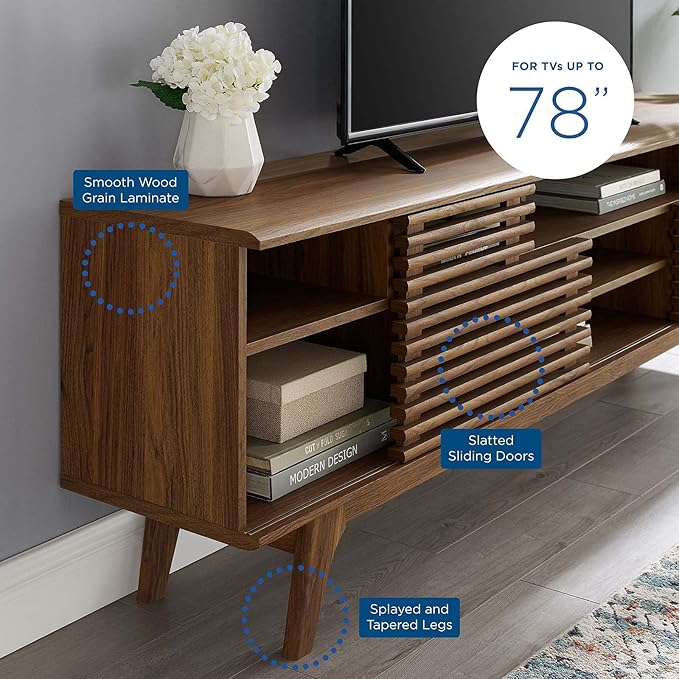 Modway Render 71" Mid-Century Modern Low Profile Media Console TV Stand, 71 Inch, Walnut - LeafyLoom