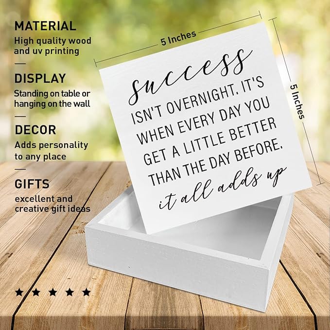 Home Office Desk Wooden Box Sign Decor, Success Isn't Overnight, Inspirational Quotes Desk Decor Motivational Desk Decorations for Women Men Student Office Classroom School - LeafyLoom