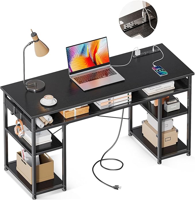 AODK 48 Inch Small Computer Desk with Power Outlets & Type-C, Writing Desk with Storage Shelves Headphone Hook, Student Laptop PC Desks for Small Spaces Home Office, Black - LeafyLoom