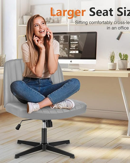 Sweetcrispy Office Chair No Wheels - Armless Desk Chair No Wheels Cross Legged Office Chair Wide Swivel Leather Home Office Desk Chairs - LeafyLoom