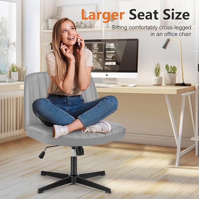 Sweetcrispy Office Chair No Wheels - Armless Desk Chair No Wheels Cross Legged Office Chair Wide Swivel Leather Home Office Desk Chairs - LeafyLoom